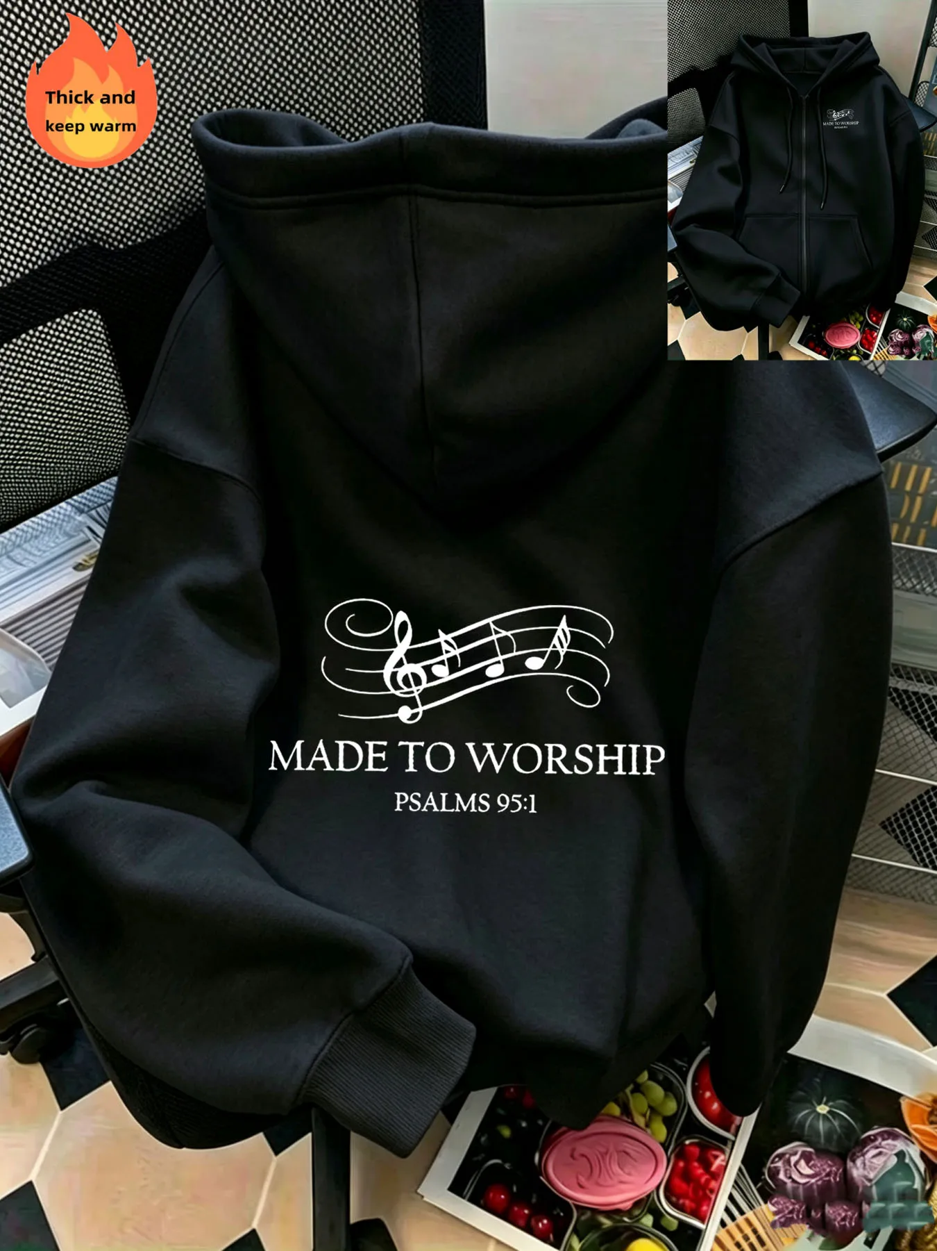Letter & Music‑Note Graphic Print Zip‑Up Hoodie, Casual Long‑Sleeve Zip Hoodie, Knitted Polyester Fabric for Fall & Winter.