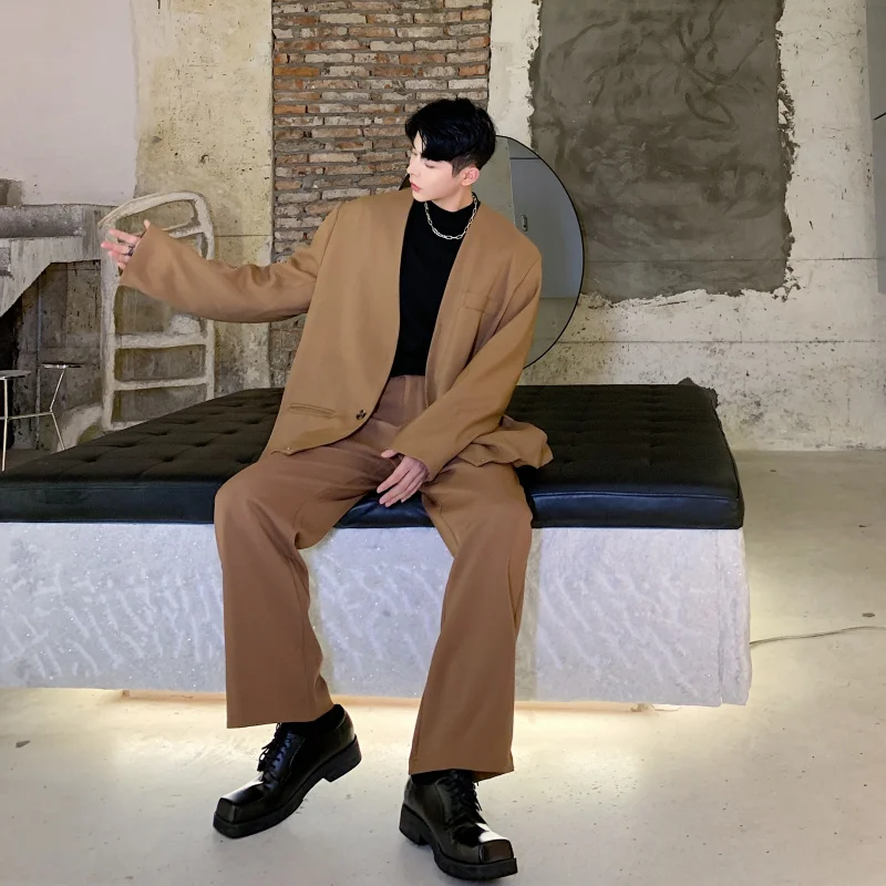 

Spring New Vintage Camel Color Men's Wide Leg Pants Dra Casual Design High Waist Loose Straight Casual Trousers