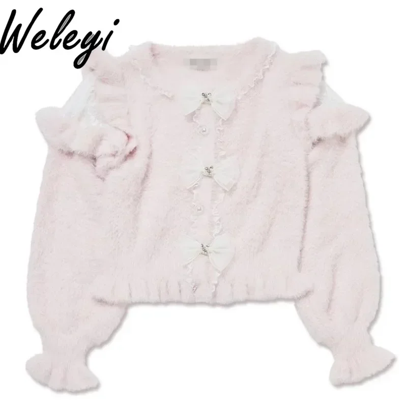 Sweet Lolita Bowknot White Knitted Sweater Woman Winter New Japanese Fashion Lace Stitching Long Sleeve Pullover Knitted Tops