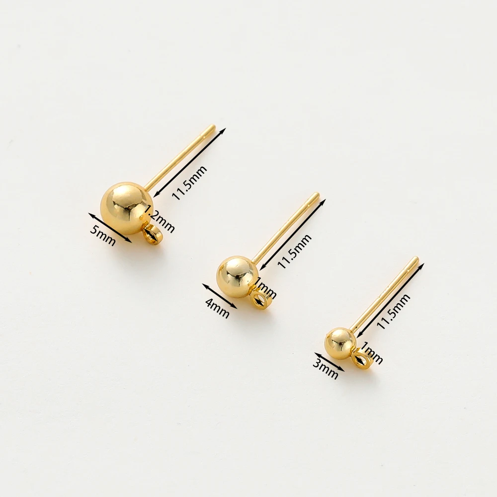 14K 18K Gold Plated Round Ball Ear Post With Loop Studs Earrings Backs Plug Ear Pins Ball Needles for DIY Jewelry Making Finding