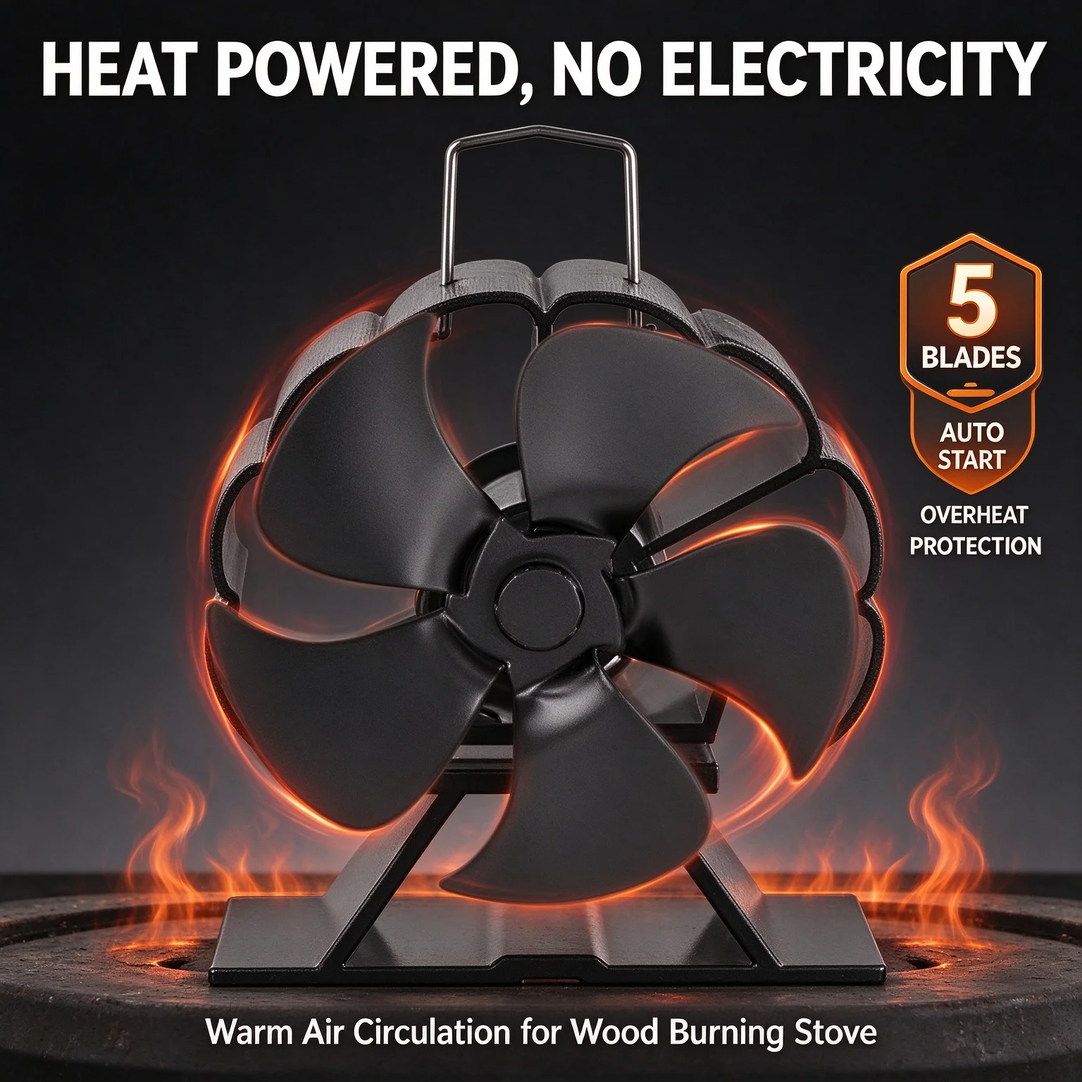 5 Blades Heat Powered Stove Fan Silent Eco Fireplace Fan for Wood Burning Warm Air Circulation for Winter Heating