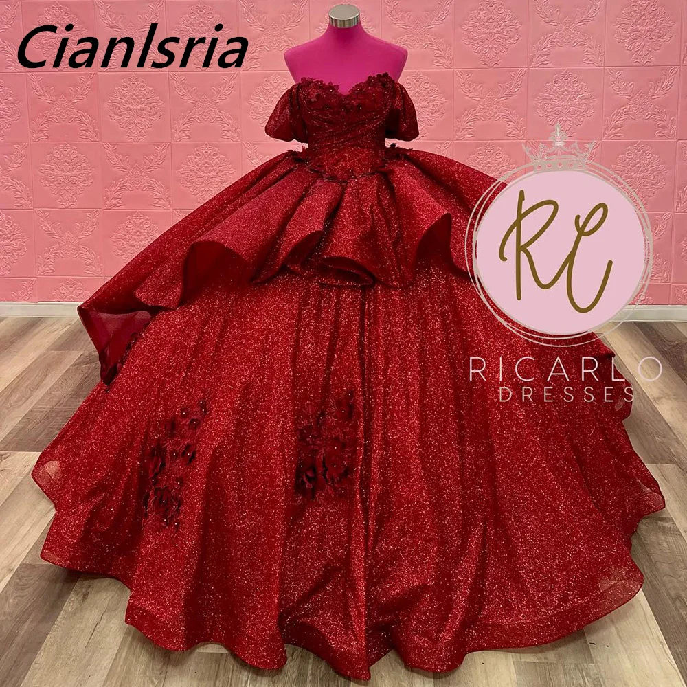 Vestido De baile plisado De cristal con purpurina roja para quinceañera, hombros descubiertos, flores 3D, corsé con volantes, 15 Años