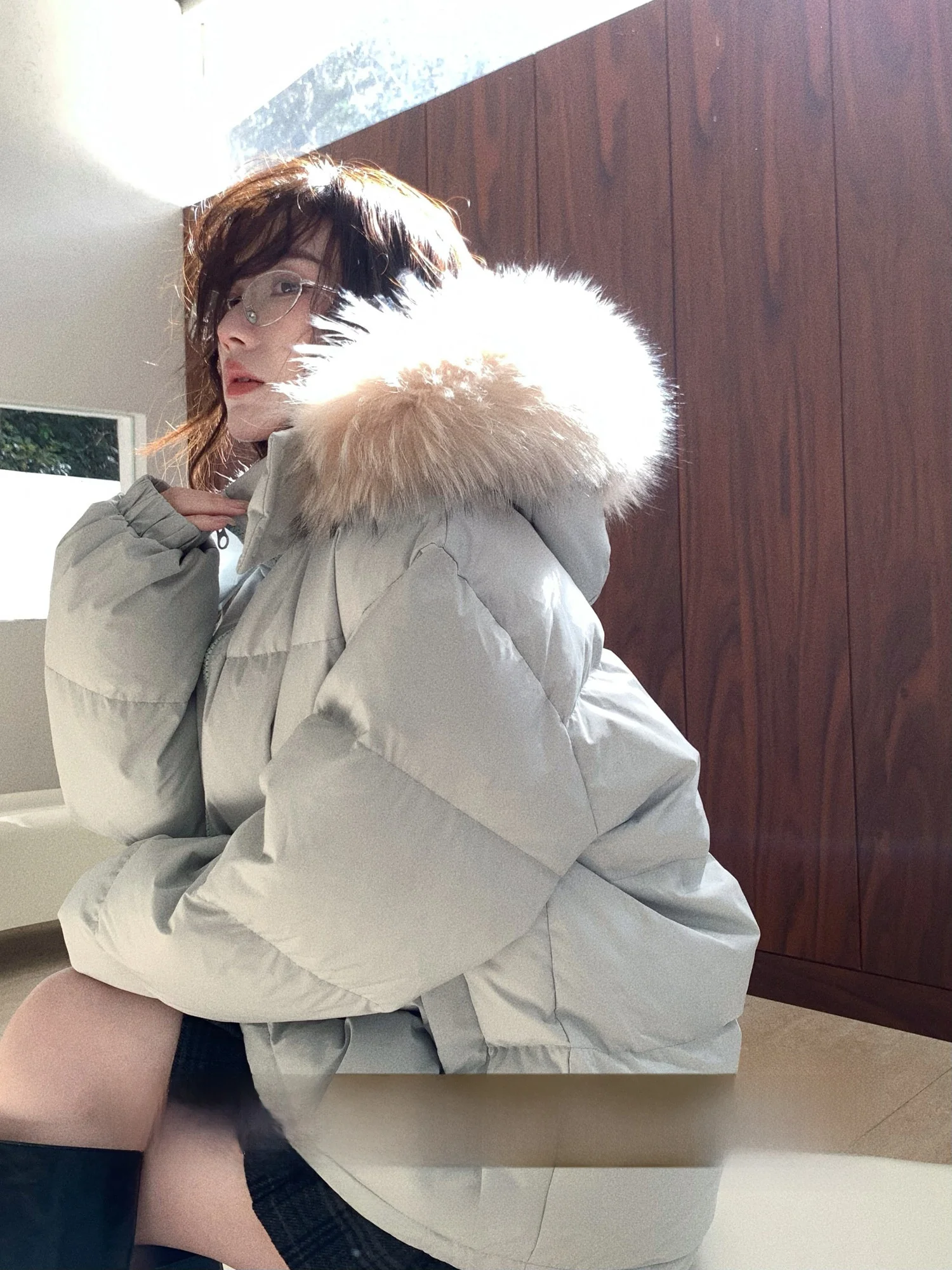 

Thiened Hooded Puffer Jaet Women's ort Sle Fur Collar 90 White Du down Casual Loose Fit Warm Polyester Fiber