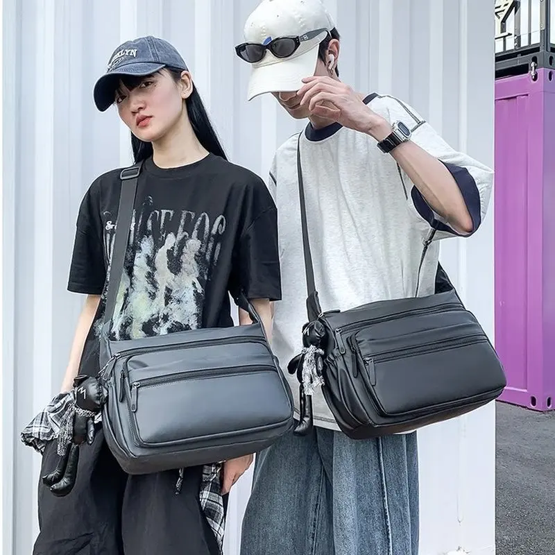 Men Nylon Messenger Bag With Multiple Zipper Pockets Crossbody Shoulder Pack Waterproof Daily Commuter Laptop Bag With Side Slot