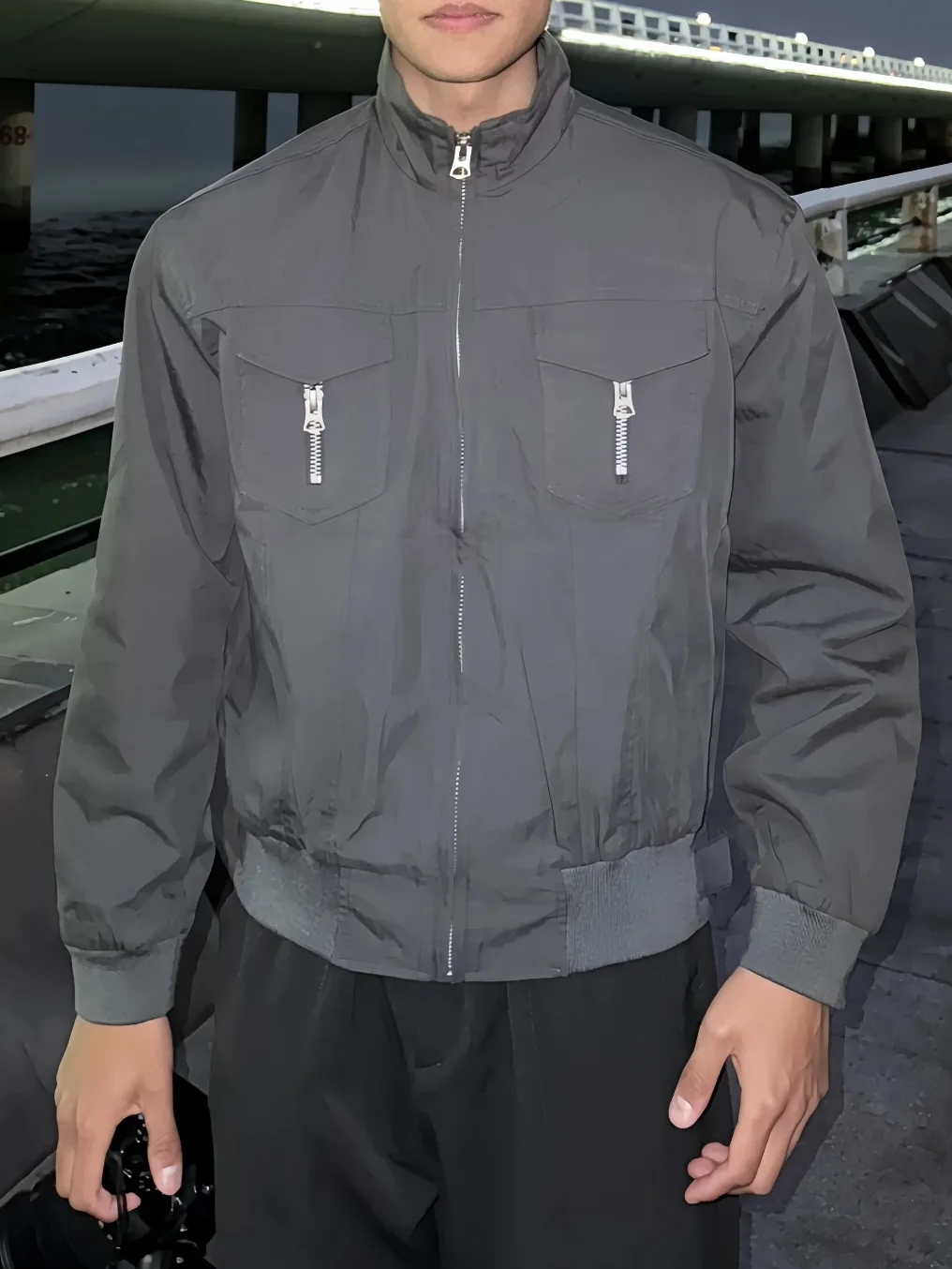 

American Retro ket Vertical Zipper Workwear Jaet Men's Cleanfit ort Slim Stand Collar Design Outerwear