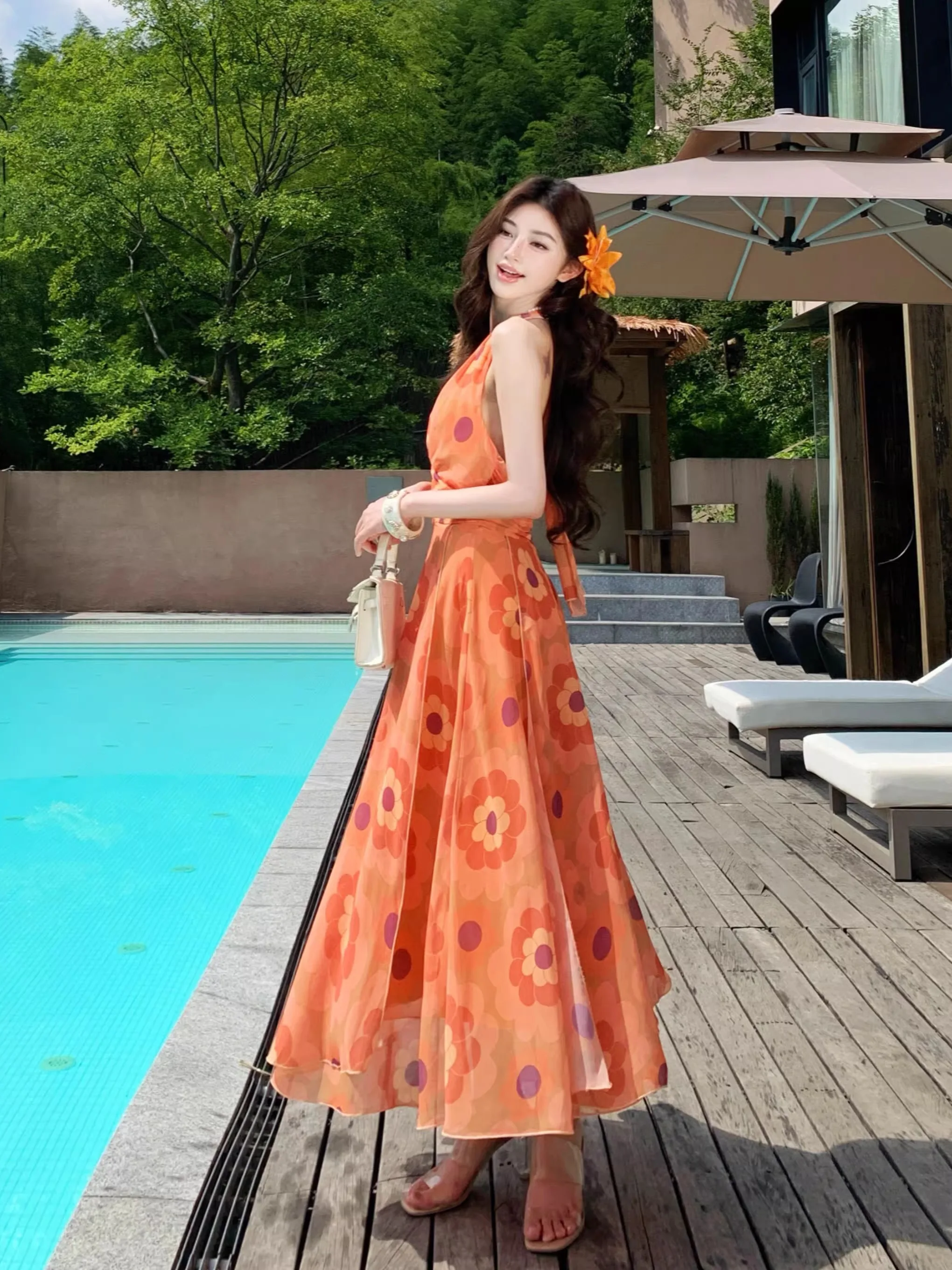 

Stunning Beachscape Off-oulder Printed Long Dr High-Waisted V-Ne Bal Skirt Suit Vaion Sle Polyester Fiber