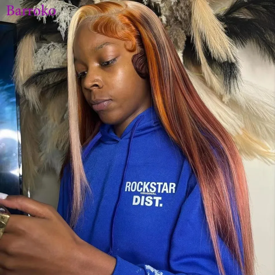 

Highlights Ginger Brown Colored Lace Frontal Wigs Human Hair Straight Transparent Lace Wig For Black Women 180% Pre Plucked Hair