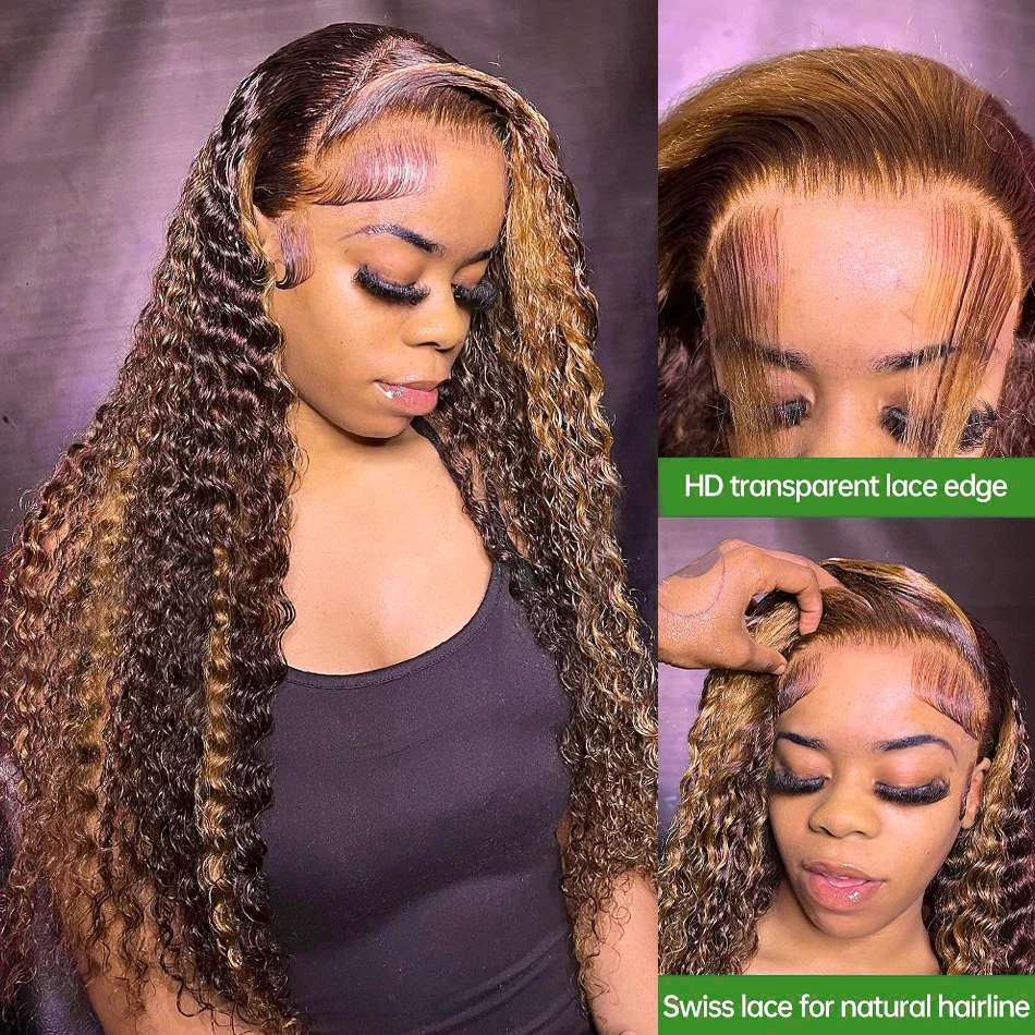 100% Human Hair Highlight Ombre Deep Wave HD Lace Front Wigs Curly 30 40 Inch Honey Brown 13x6 Lace Frontal Wig Water Brazilian