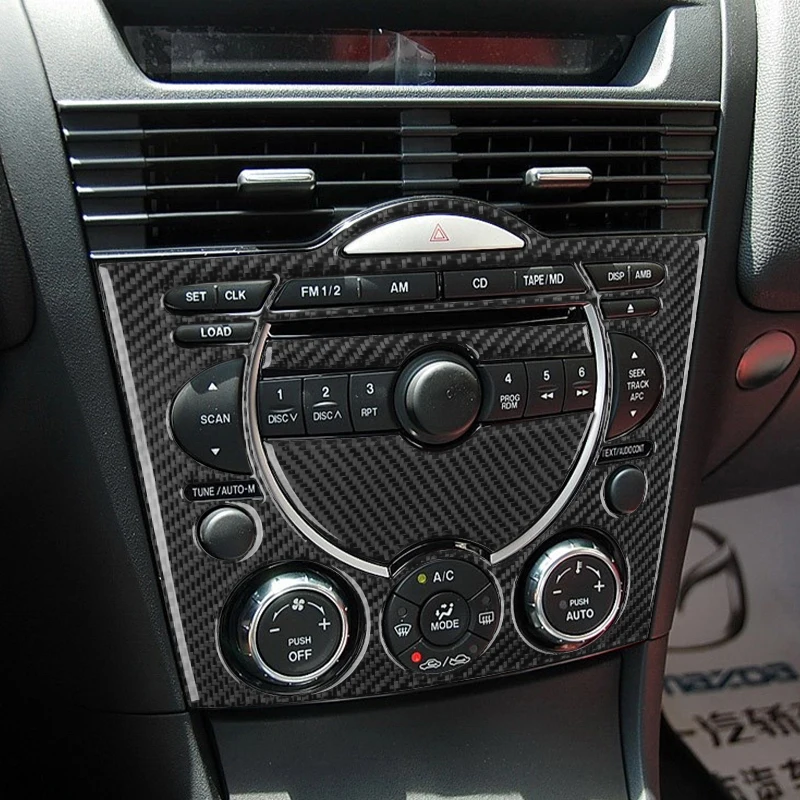 ألياف الكربون لمازدا RX8 RX-8 SE3P JM1FE 2004-2008 الداخلية تكييف الهواء CD غطاء لوحة الكسوة سيارة ملصق