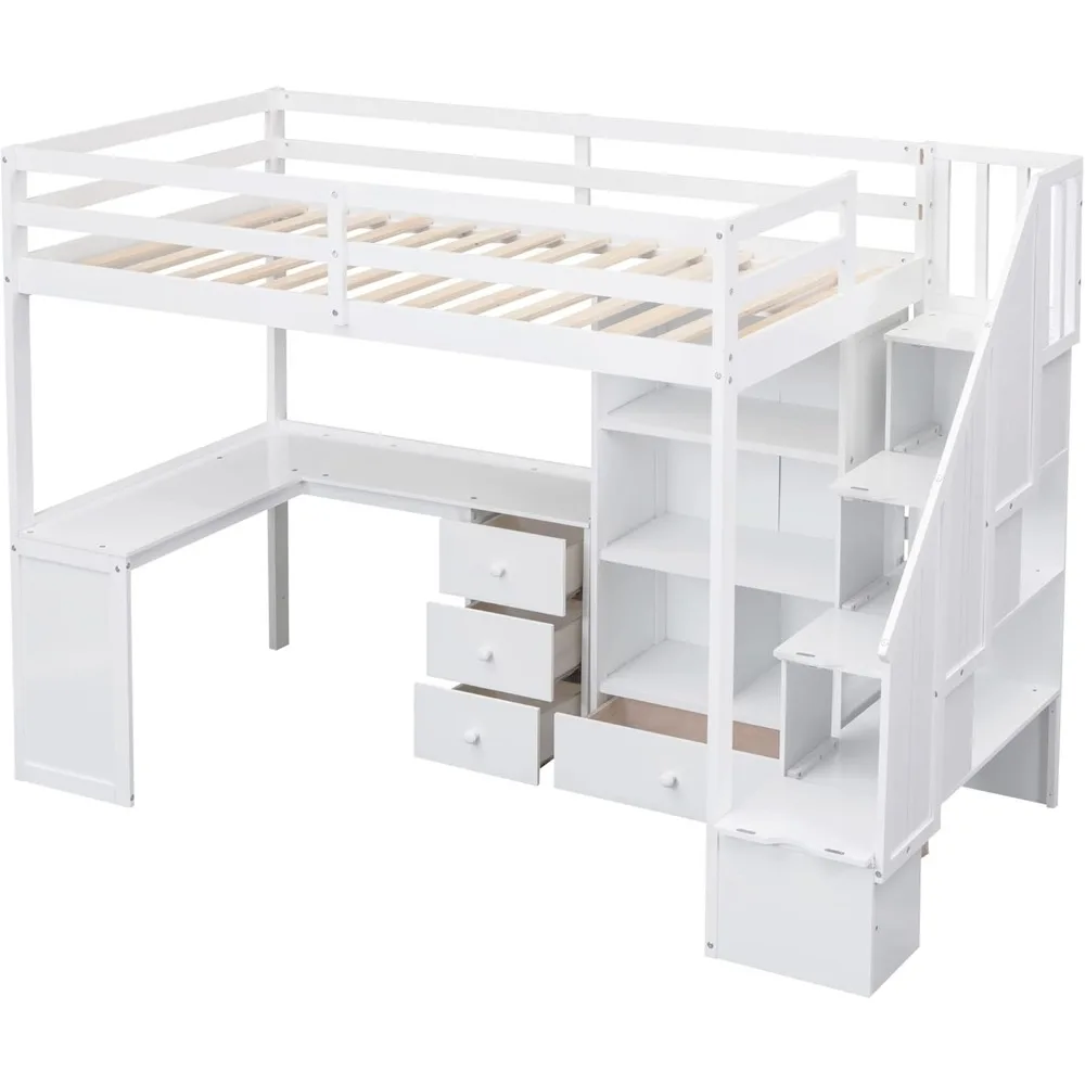 Twin Size Loft Bed with Stairs and L Shaped Desk, Wood Loft Bed with Desk and Storage Drawers Shelves, Stairway Loft Beds Frame