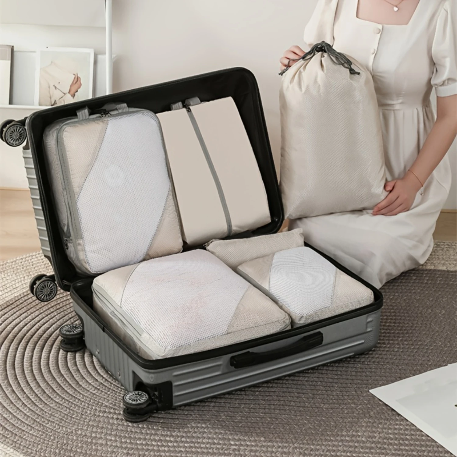 

3/6pcs Set Compression Packing Cube, Portable Travel Bag, Luggage Suitcase Organizer For Laundry, Shoes, Underwear & Clothes