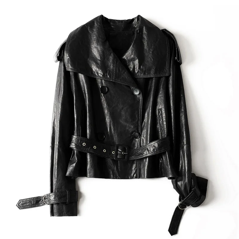 سترة جلدية حقيقية جديدة لعام 2025 للنساء لخريف وشتاء ريترو شمع زيت بني من جلد الغنم حزام مزدوج الصدر سترة قصيرة أنيقة #6