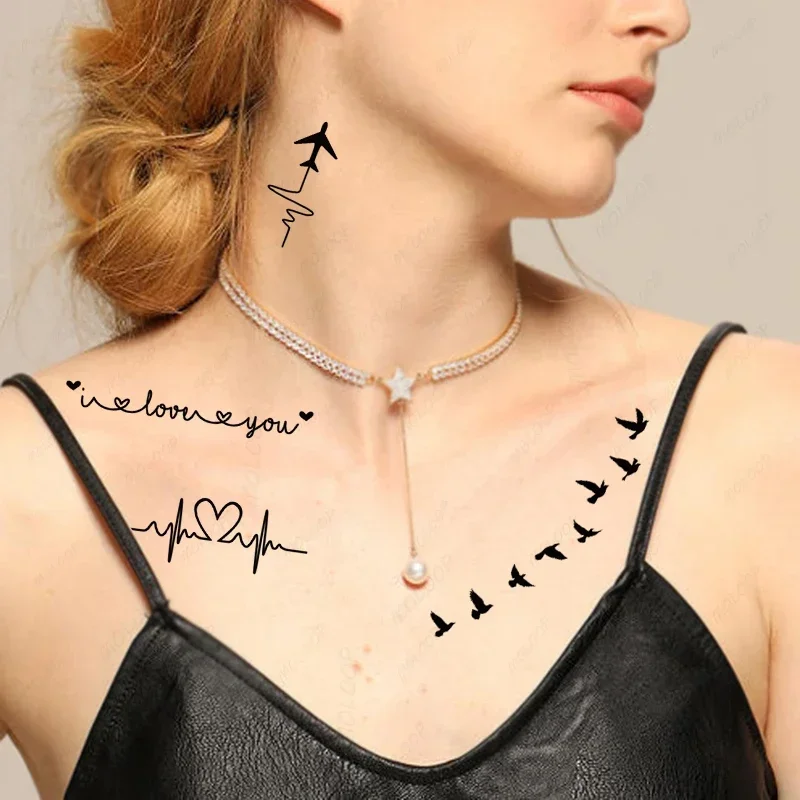 

Tattoo Stickers Plane Heart Beat Line Bird Love You Letters Party Makeup Fake Tatto for Women Men Waterproof Temporary Body Art