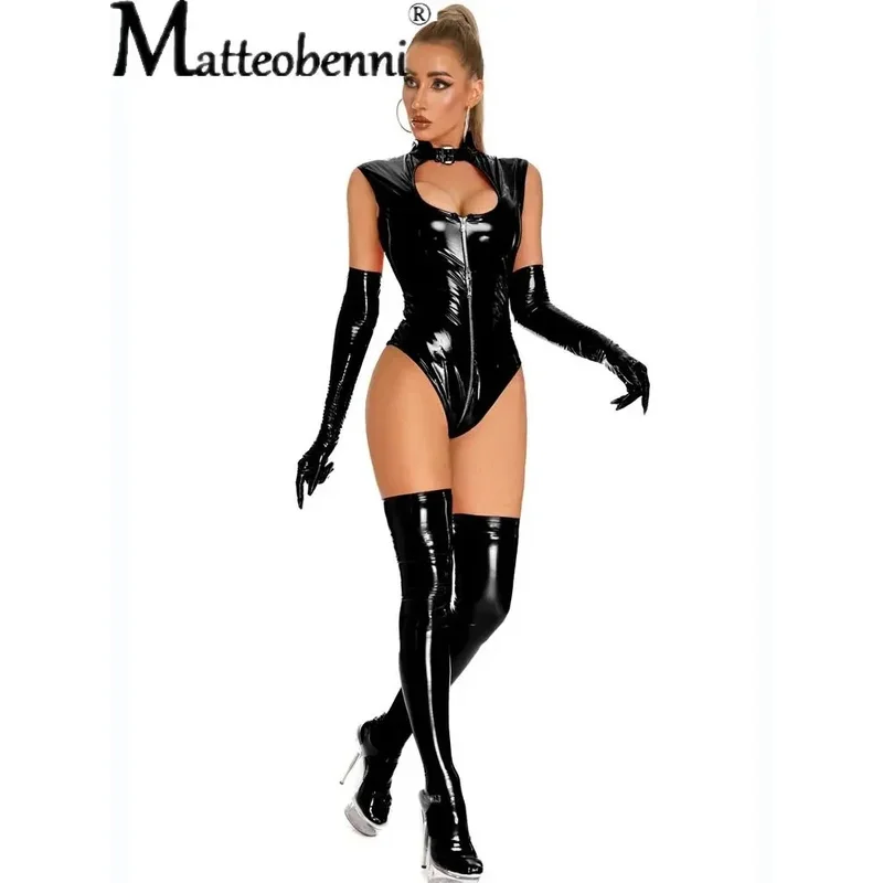 Sexy Collow out women PU Faux Leather Lingerie Budysits Latex PVC Catfollow Fetish Lingerie Ladies Erotic Open Crotch Clubwear image 3