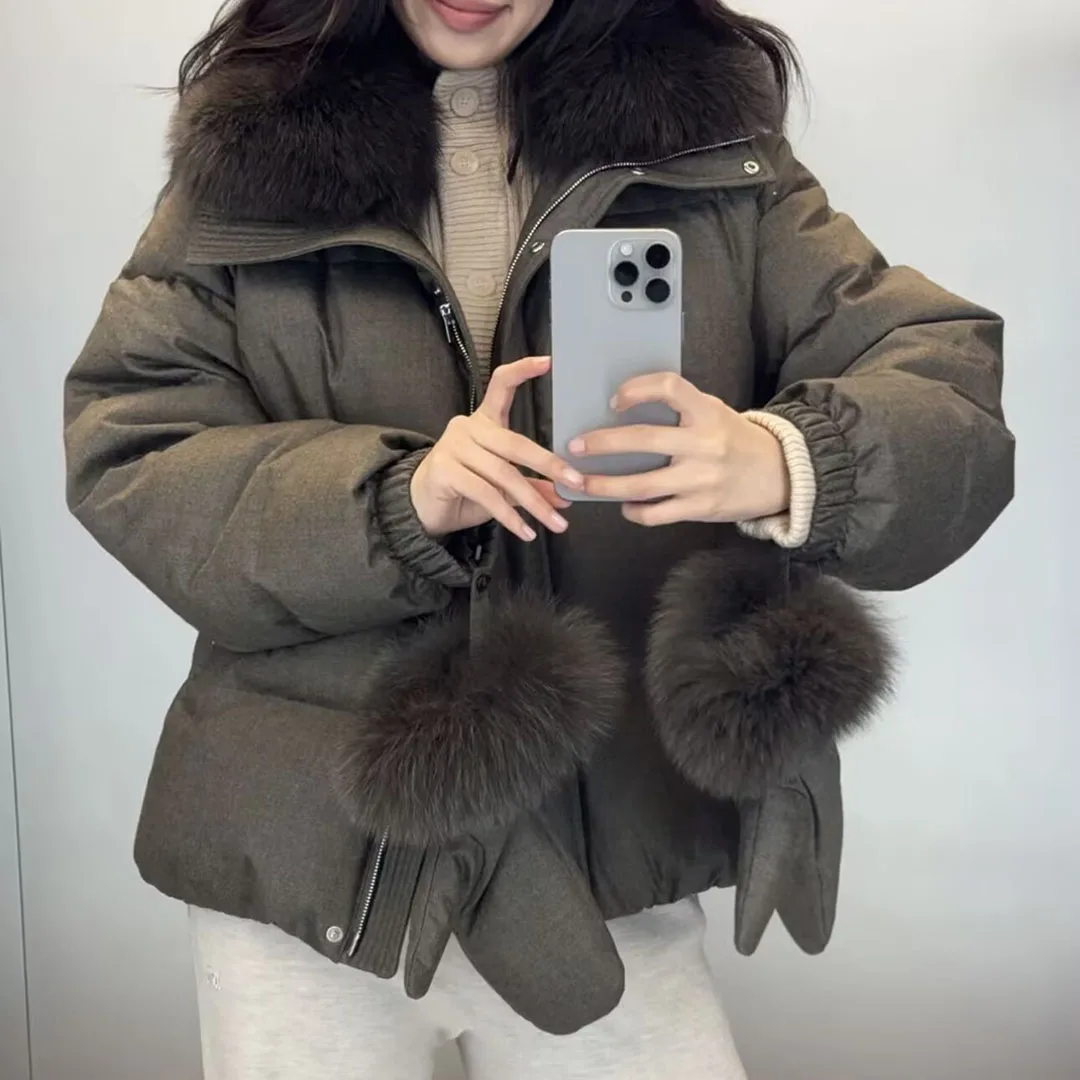 Neue Winter Luxus Nerz Pelz Kragen Patchwork Dicke 160g Weiße Gans Unten Jacke Frauen Mit Handschuhe Alte Geld Stil casual Mantel