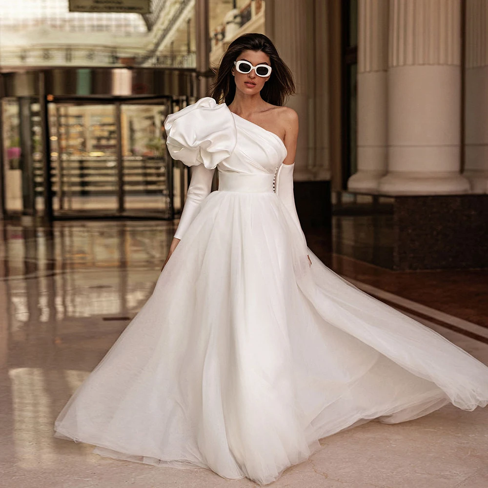 Elegant Satin Full Sleeve Wedding Dresses Soft Tulle 2024 Summer New Full Sleeve Bridal Gowns for Women New Vestidos De Novia