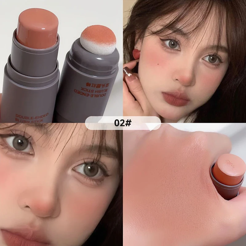 Monocromático Pó Blush Stick, cabeça dupla esponja, durável, fosco, Rouge Natural, Dual-Use, Lip Cheek, luz Natural