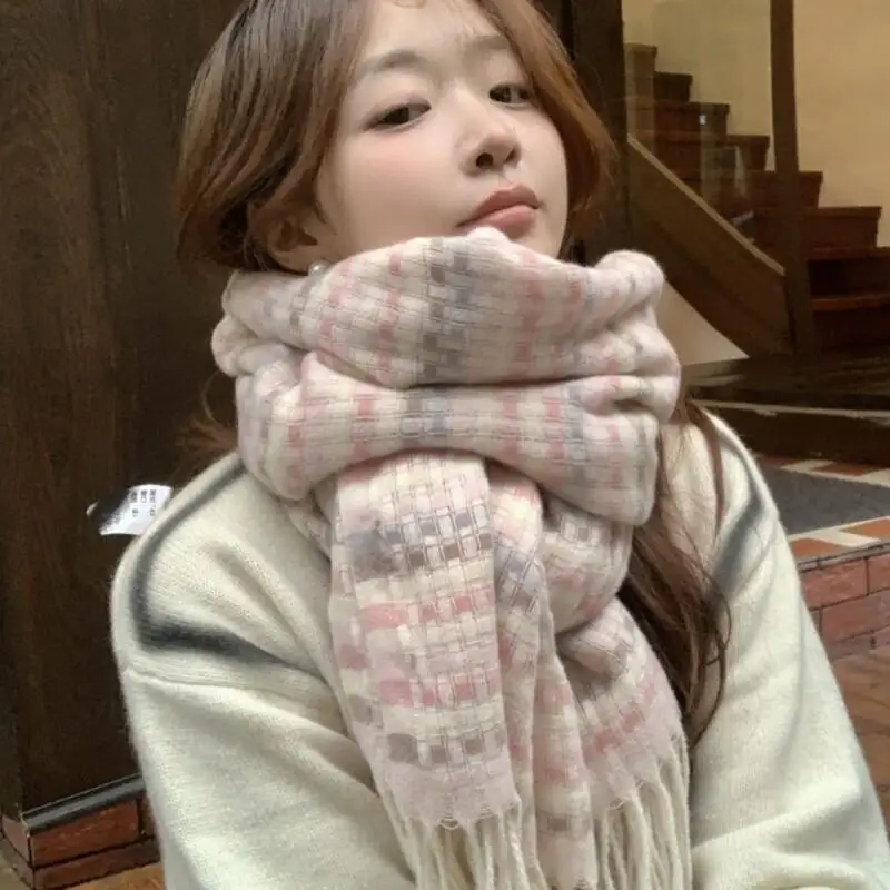 

Новый японский стиль, легкий клетчатый шарф из искусственного кашемира с бахромой, женский зимний теплый мягкий универсальный модный уютный аксессуар на шею, хит продаж