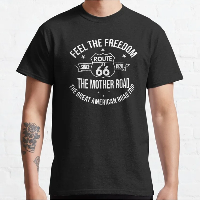 

Feel the freedom Vintage Route 66 Highway Mother Road trip USA Gift T-Shirt for Motorcycle biker 100% Cotton printed Tops
