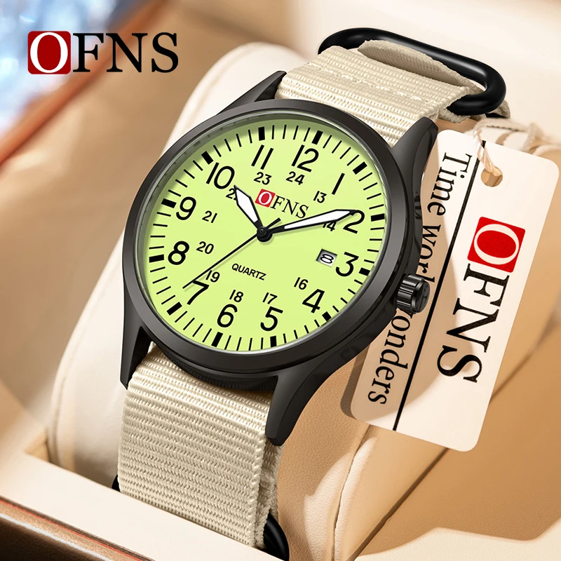 OFNS7200 ساعة رجالية بحزام نايلون Noctilucent 3ATM مقاومة للماء بتقويم واحد كوارتز رفيعة ومستقيمة بمينا كبير #1