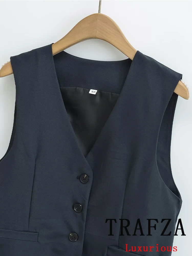 TRAFZA-Blazer informal de oficina para mujer, Chaqueta larga sin mangas con bolsillos y cuello de pico, a la moda, para Primavera, 2024