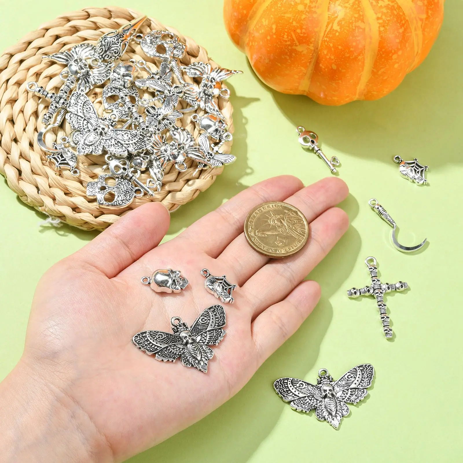 Pandahall 50Pcs 10 Styles Tibetan Halloween Charms Vintage Skull Head Butterfly Key Cross Charms for Jewelry Making Accessories