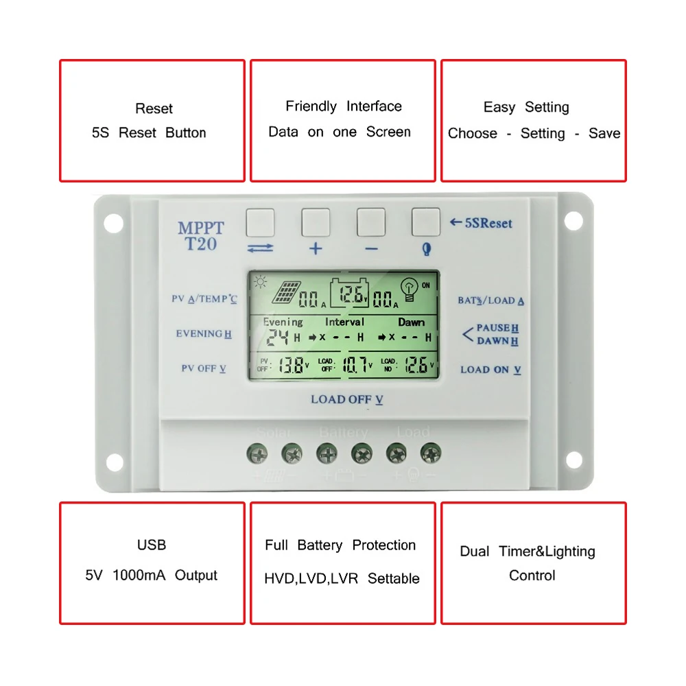 40A 20A MPPT 12V/24V Panel słoneczny Regulator akumulatora Kontroler ładowania dla systemu oświetlenia Obciążenie światła i sterowanie czasowe