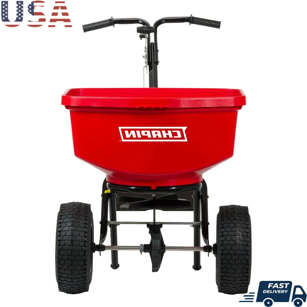 Professional 100 lb SureSpread Spreader with Adjustable Gate Agitator Rubber Grips Steel Frame Wide-tread Tires Rain/Snow Cover