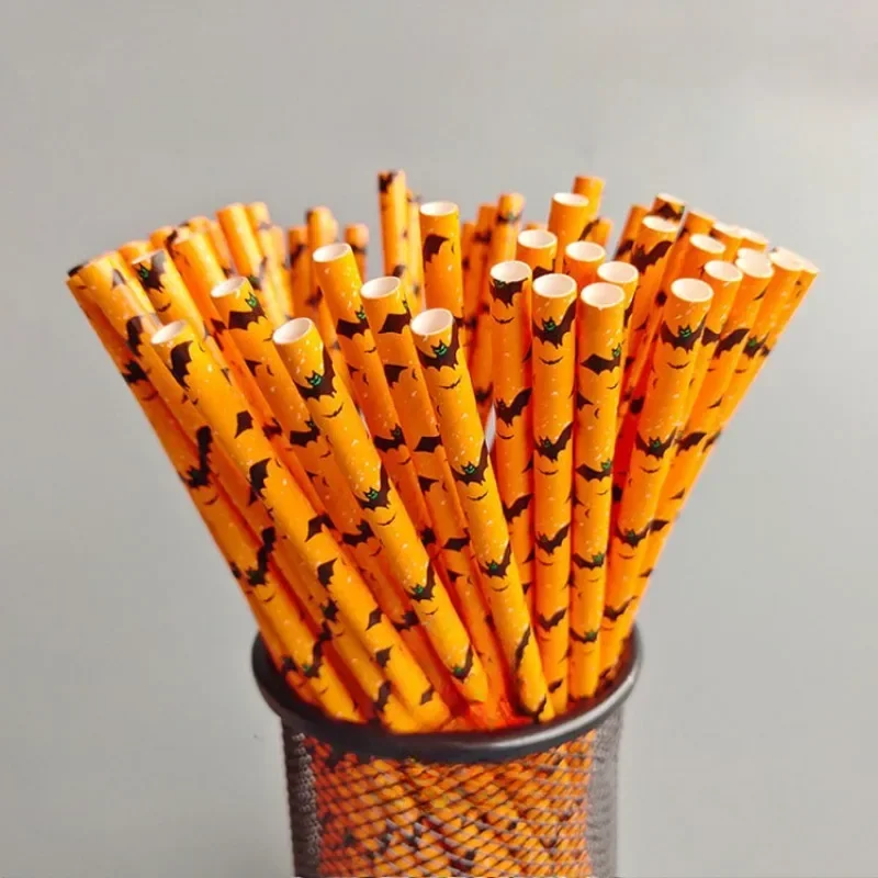 25/50/100pcs Halloween Party Favors Paper Straws Black and Orange Party Biodegradable Drinking Stripe Straws for Halloween