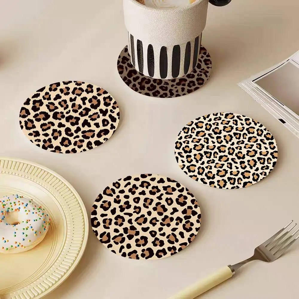 Leopard Print Round Wooden Coasters Suitable For Restaurants And Coffee Home Gift Choice Holidays