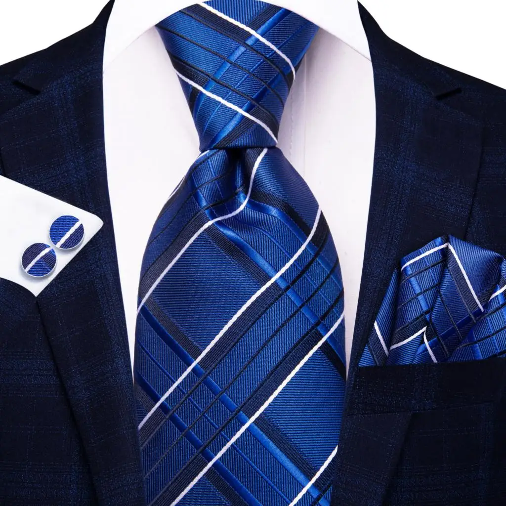 Hi-Tie-corbata de seda azul marino a rayas para hombres, corbata elegante para novio, boda, gemelos cuadrados de bolsillo, accesorio al por mayor, nuevo