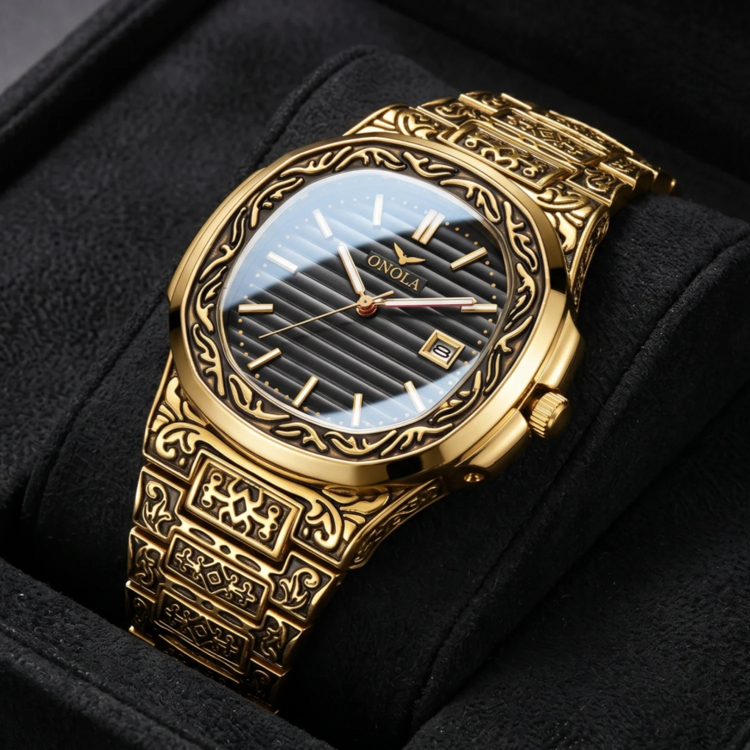 ONOLA Men's Quartz Watch Retro Carved Case Striped Dial Date Display Alloy Strap Fashionable Business Men's Watch