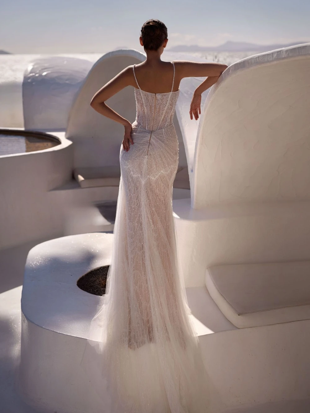 Impressionante espartilho corpete renda vestido de casamento sonhador alças finas deslumbrante tule sereia vestido de noiva personalizado com divisão