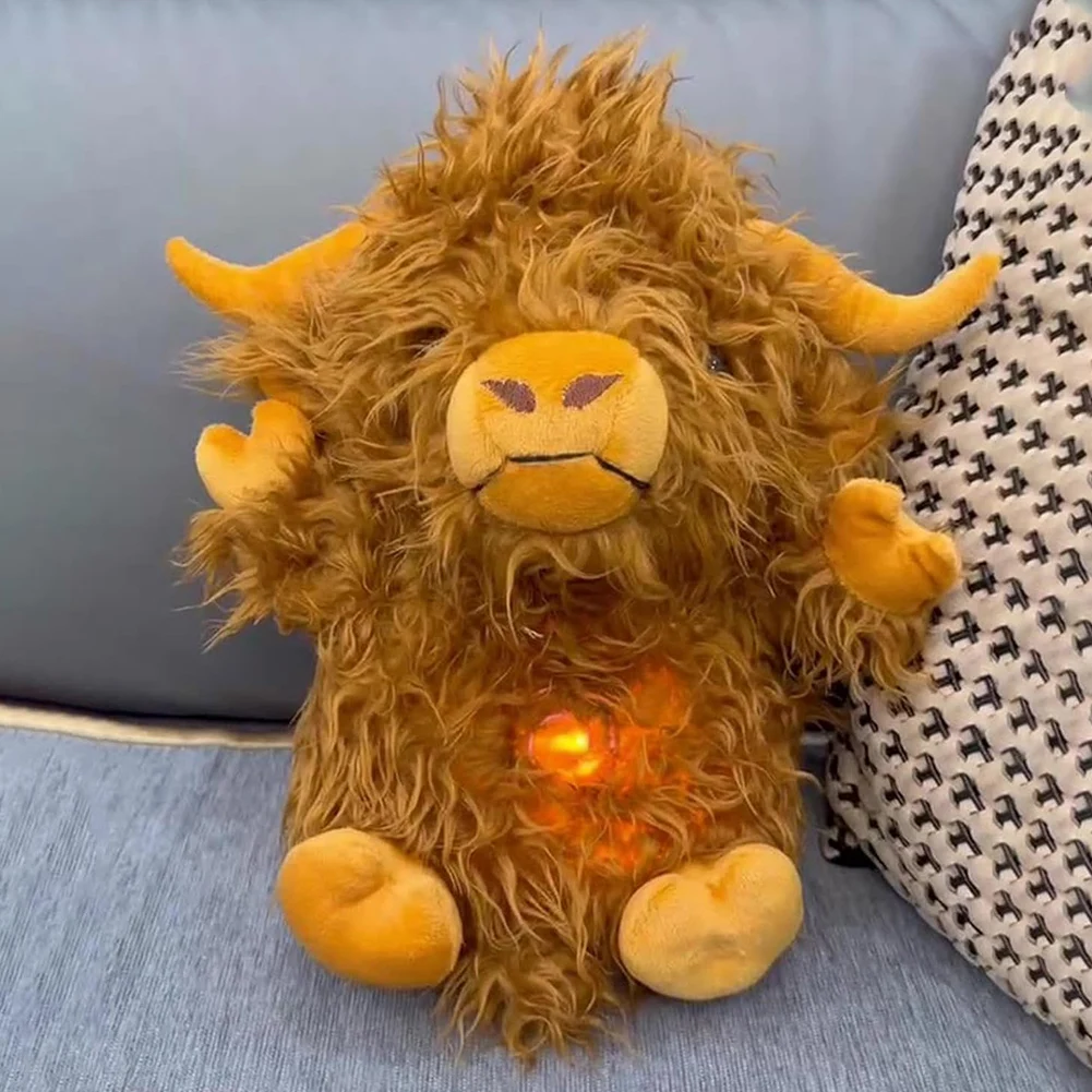 Baby Rhythmic Sleeping Toy with Breathing Movement & Sound 4 Gear Lighted Highland Cattle Toy Plush Snuggle Cow Toy for Soothing