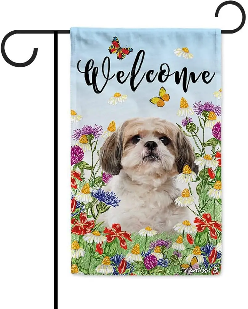 Shih Tzu Welcome Spring Summer Garden Flag for Outside Dog Colorful Flowers Yard Flag Banner 12.5X18 Inch Double Side Style 1