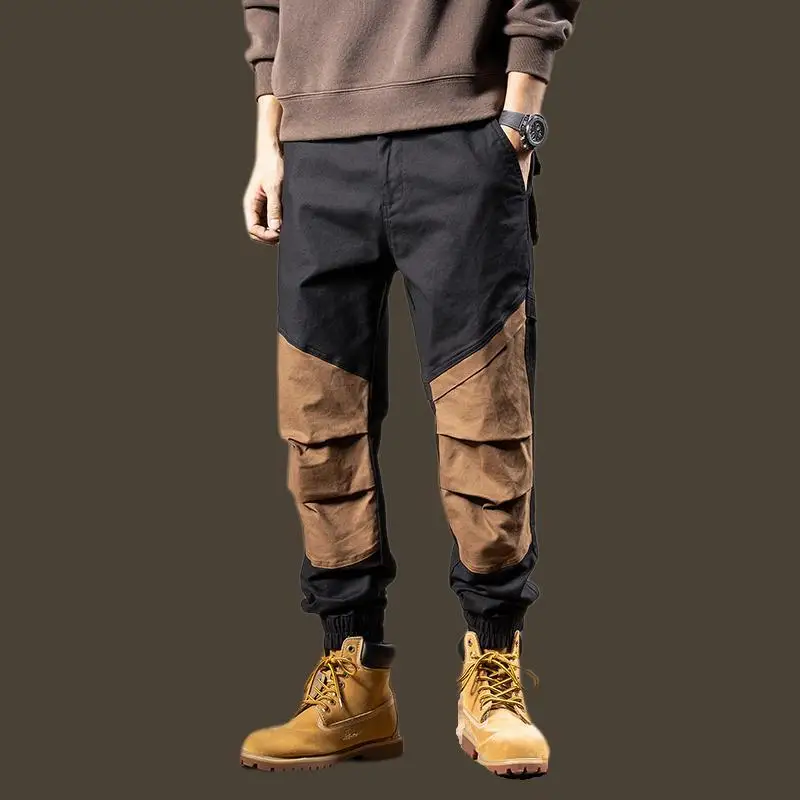 Salopette en Patchwork de couleurs contrastées américaines haut de gamme pour hommes, pantalon court fin et ample, tendance et décontracté, assorti avec tout