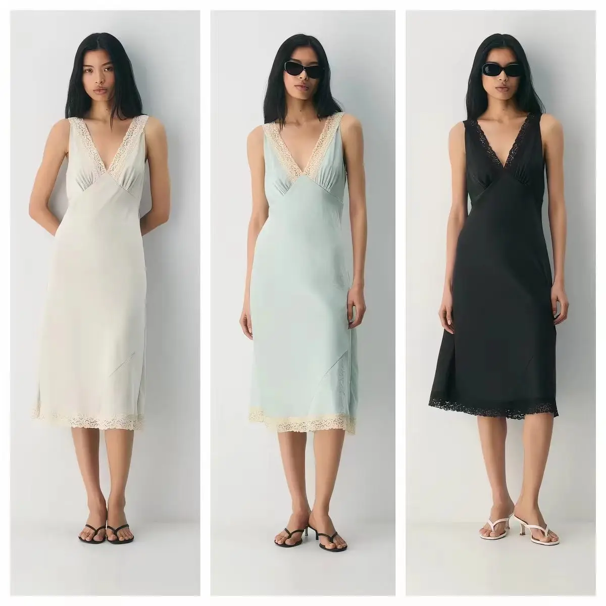 High-quality V-neck lace satin dress women's midi-length halter elegant and stylish dress