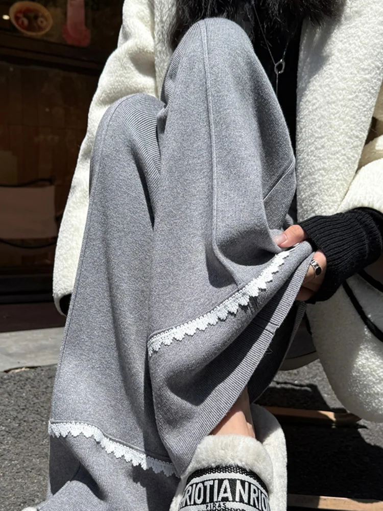 Oaeal fce forrado calças de perna larga calças de perna reta feminina micro queimado calças de cintura alta coreano sle commute vento