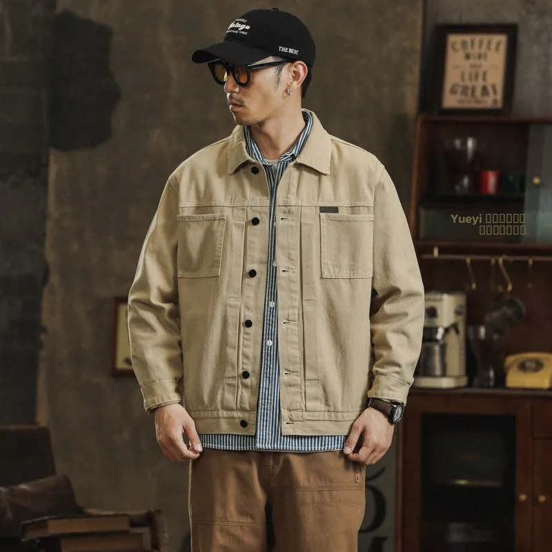 

Spring Autumn 2025 Men's Fashion Casual Cotton Denim Jacket Khaki Outerwear Collar Cleanfit Style Lightweight Shirt