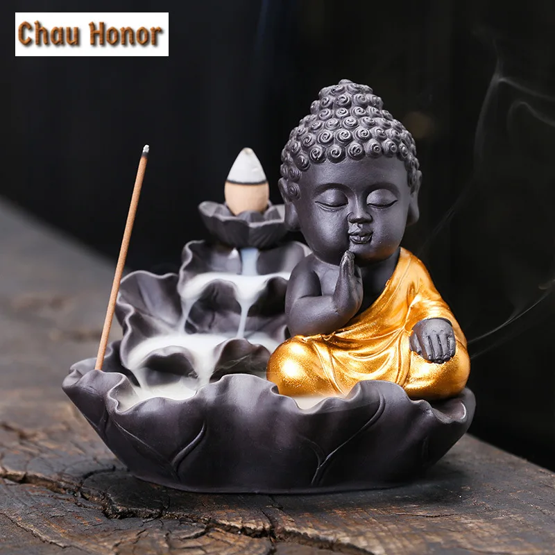 

Ceramic Little Monk Smoke Backflow Burner Incense Stick Holder Maitreya Buddha Statue Porcelain Waterfall Censer Home Decor