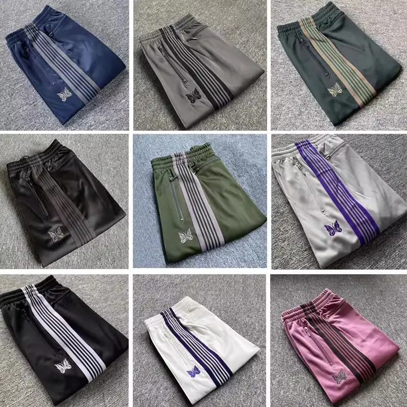 Mens Women Best Quality Multicolor Ribbon Striped Sweatpants Butterfly Embroidery Pants Jogger Drawstring Zipper Pocket Trousers