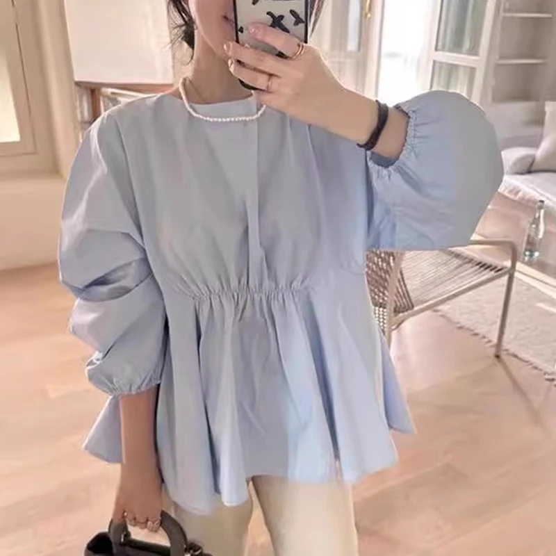 Neploe Simple O-neck Loose Shirts Women 2024 Spring New Slim Waist Ruched Blouses Y2k Long Sleeve All-match Blusas Mujer