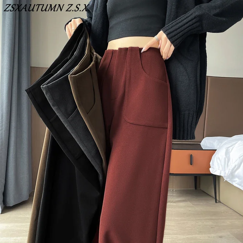 

Autumn Winter New Woolen Wide Leg Pants Female High Waist Casual Suit Pants Korean Fashion Women Trousers Solid Color All-match