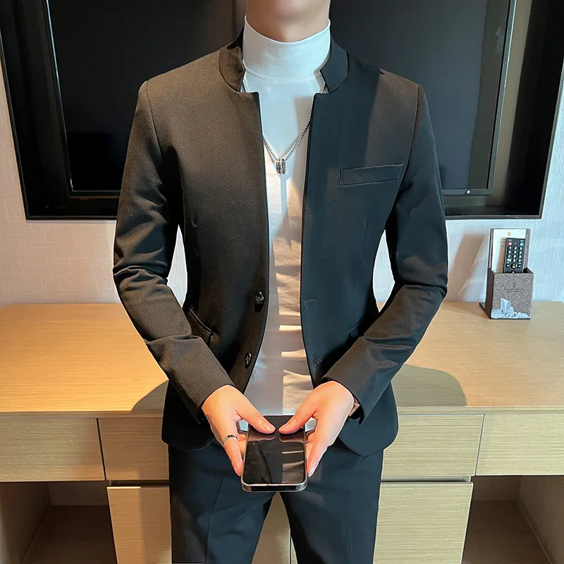 

Высококачественный костюм с воротником-стойкой в китайском стиле, модный, крутой и повседневный мужской костюм Чжуншань, комплект из двух предметов