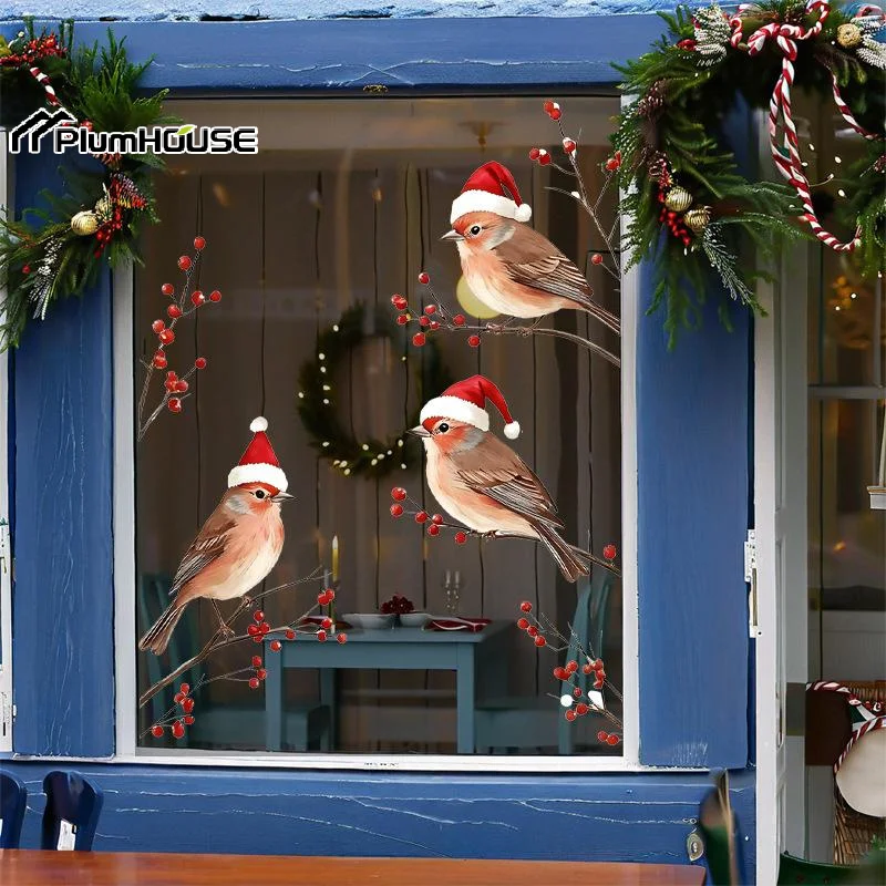 Three Birds In Santa Hats Window Stickers Christmas Theme Red Berry Branches Decoration Wall Stickers Glass Decal Poster