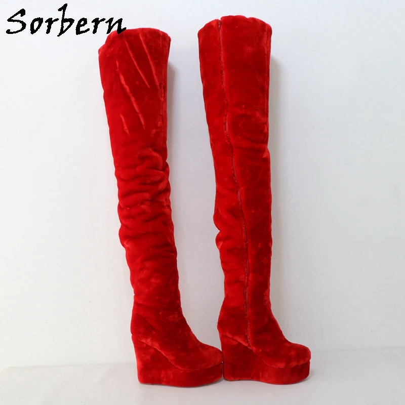 Sorber Red Fur 95cm cavallo stivali alla coscia per le donne zeppe Boot Unisex Fetish tacchi alti taglia personalizzata Eu33-48