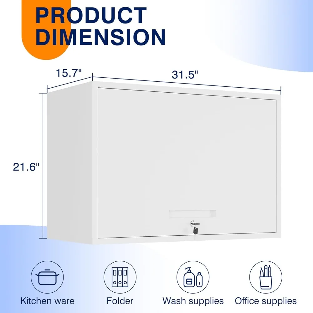 Metal Wall Cabinet with Doors and Shelves - Floating Storage Unit for Garage or Basement, White, 21.6 Inches Tall