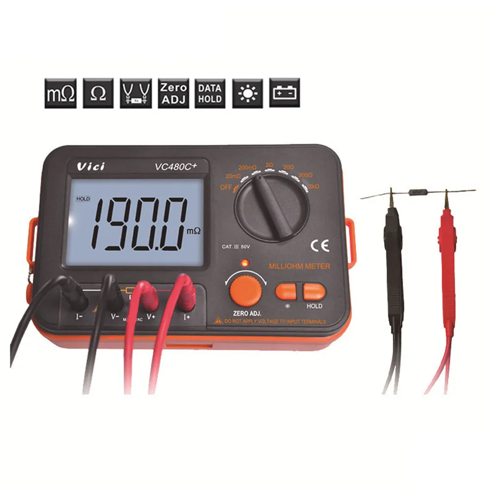 

Digital Milli-ohm Meter VC480C LCD Backlit 4 Wire Low Resistance Multimeter 6 Range Accuracy Meter With Test Clip