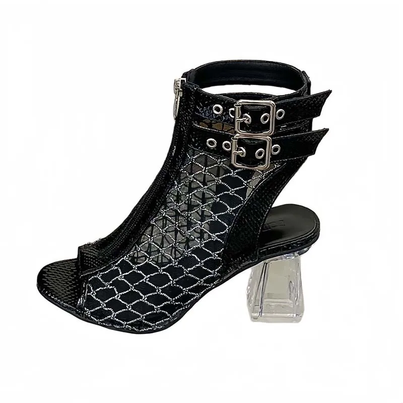 

Черные босоножки на прозрачном каблуке 9 см, женские вязаные сетчатые ботильоны, сандалии с открытым носком и ремешком на пятке, женские туфли на высоком каблуке, летняя обувь