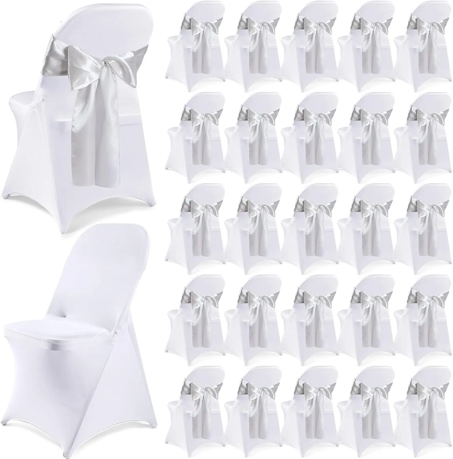 

50 Pcs Folding Chair Cover Set With 25 Stretch Spandex Slipcovers 25 Satin Chair Sashes Bows Ribbon Washable Banquet Protector
